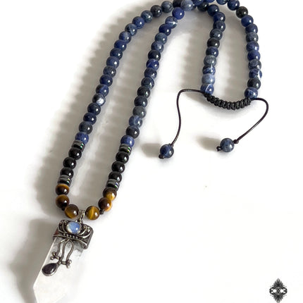 April Birthstone Necklace Crystal Quartz Black Onyx Tigers Eye Sodalite Long Beaded Necklace Healing Crystal Gift for Men Protection Jewelry