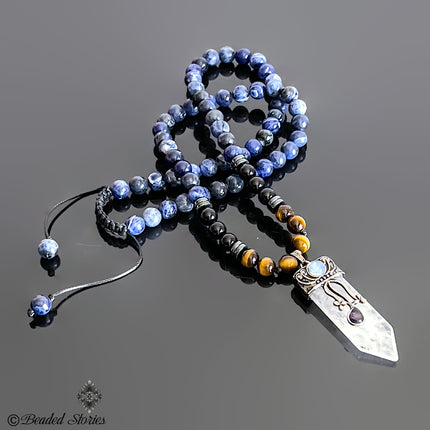 April Birthstone Necklace Crystal Quartz Black Onyx Tigers Eye Sodalite Long Beaded Necklace Healing Crystal Gift for Men Protection Jewelry