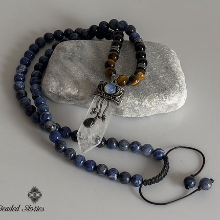 April Birthstone Necklace Crystal Quartz Black Onyx Tigers Eye Sodalite Long Beaded Necklace Healing Crystal Gift for Men Protection Jewelry