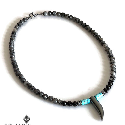 Mens choker necklace Surfer necklace Handmade Jewelry Tooth Horn Tusk Beaded Necklace for Men Native American Black Onyx Blue Turquoise