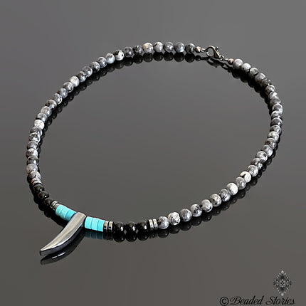 Mens choker necklace Surfer necklace Handmade Jewelry Tooth Horn Tusk Beaded Necklace for Men Native American Black Onyx Blue Turquoise