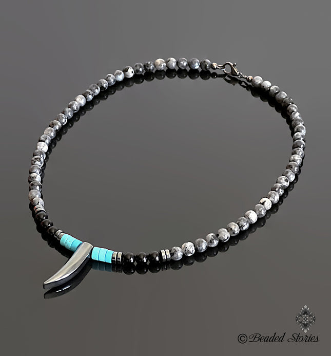 Mens choker necklace Surfer necklace Handmade Jewelry Tooth Horn Tusk Beaded Necklace for Men Native American Black Onyx Blue Turquoise