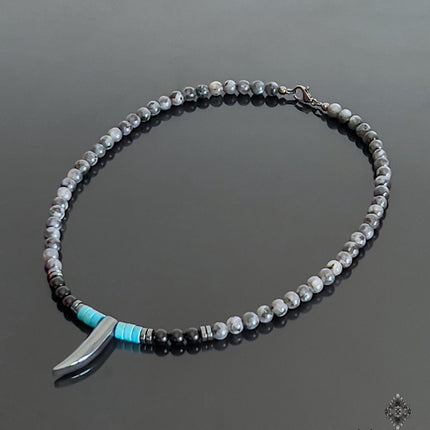 Mens choker necklace Surfer necklace Handmade Jewelry Tooth Horn Tusk Beaded Necklace for Men Native American Black Onyx Blue Turquoise