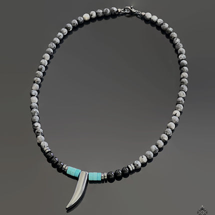 Mens choker necklace Surfer necklace Handmade Jewelry Tooth Horn Tusk Beaded Necklace for Men Native American Black Onyx Blue Turquoise