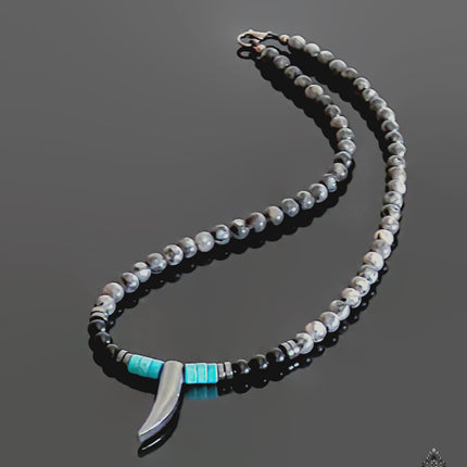 Mens choker necklace Surfer necklace Handmade Jewelry Tooth Horn Tusk Beaded Necklace for Men Native American Black Onyx Blue Turquoise