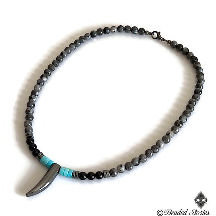 Mens choker necklace Surfer necklace Handmade Jewelry Tooth Horn Tusk Beaded Necklace for Men Native American Black Onyx Blue Turquoise