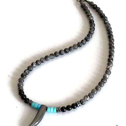 Mens choker necklace Surfer necklace Handmade Jewelry Tooth Horn Tusk Beaded Necklace for Men Native American Black Onyx Blue Turquoise