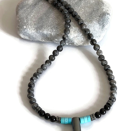 Mens choker necklace Surfer necklace Handmade Jewelry Tooth Horn Tusk Beaded Necklace for Men Native American Black Onyx Blue Turquoise