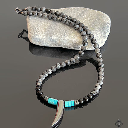 Mens choker necklace Surfer necklace Handmade Jewelry Tooth Horn Tusk Beaded Necklace for Men Native American Black Onyx Blue Turquoise