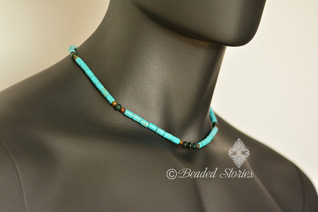 Mens necklace Blue choker necklace Mens jewelry Tribal surfer necklace Fathers Day gift for men Jasper howlite turquoise tigers eye necklace