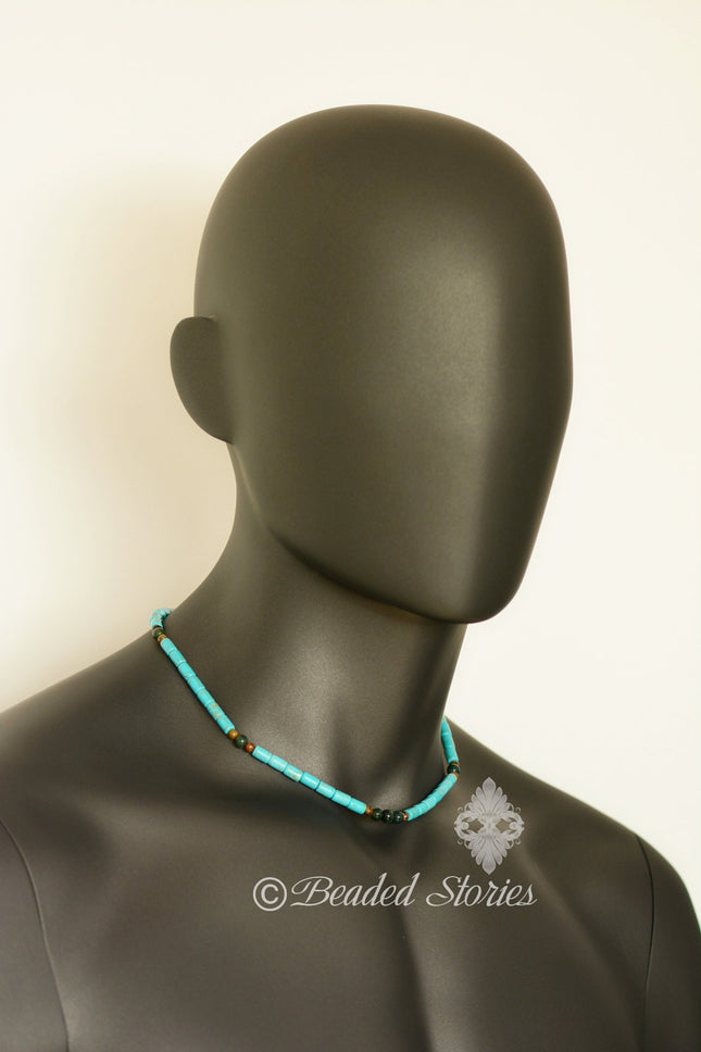 Mens necklace Blue choker necklace Mens jewelry Tribal surfer necklace Fathers Day gift for men Jasper howlite turquoise tigers eye necklace