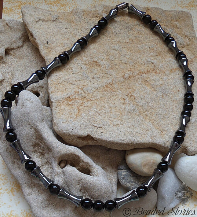 Mens jewelry Gifts for men Mens necklace Surfer necklace Healing crystal jewelry for men Tribal necklace Hematite onyx black necklace