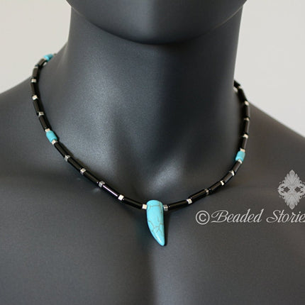 Men's choker necklace Surfer necklace Rocker necklace Howlite turquoise & onyx horn pendant necklace Tribal choker Mens jewelry Boho jewelry