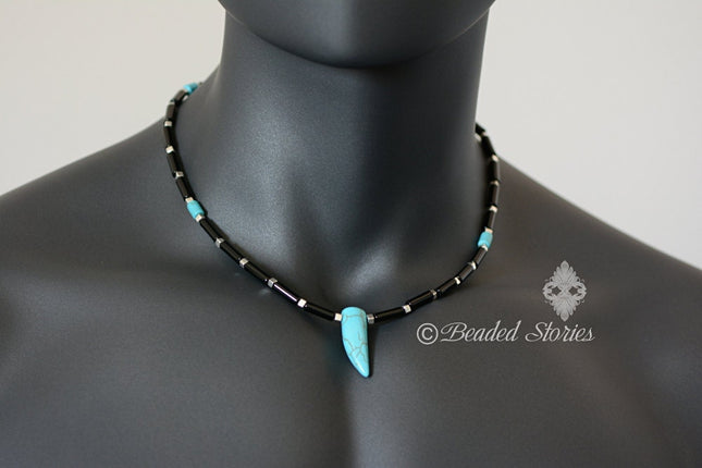 Men's choker necklace Surfer necklace Rocker necklace Howlite turquoise & onyx horn pendant necklace Tribal choker Mens jewelry Boho jewelry