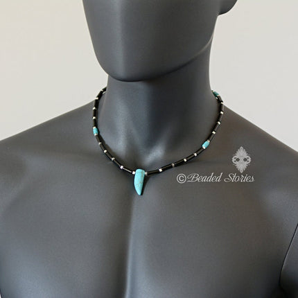 Men's choker necklace Surfer necklace Rocker necklace Howlite turquoise & onyx horn pendant necklace Tribal choker Mens jewelry Boho jewelry