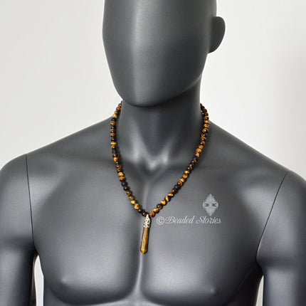 Tigers Eye & Black Onyx Long Beaded Necklace -Point Pendant Necklace – Men’s Necklace - Gemstone Crystal Necklace - Healing Crystal Jewelry – Handmade Jewelry Gifts for Men by Beaded Stories