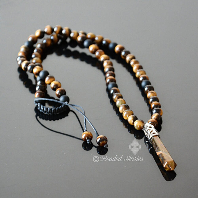 Tigers Eye & Black Onyx Long Beaded Necklace -Point Pendant Necklace – Men’s Necklace - Gemstone Crystal Necklace - Healing Crystal Jewelry – Handmade Jewelry Gifts for Men by Beaded Stories