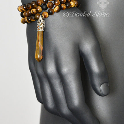 Tigers Eye & Black Onyx Long Beaded Necklace -Point Pendant Necklace – Men’s Necklace - Gemstone Crystal Necklace - Healing Crystal Jewelry – Handmade Jewelry Gifts for Men by Beaded Stories