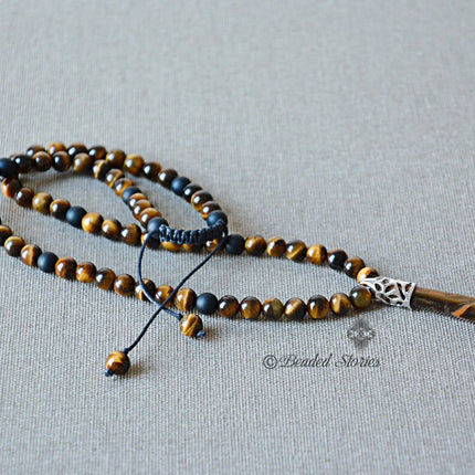 Tigers Eye & Black Onyx Long Beaded Necklace -Point Pendant Necklace – Men’s Necklace - Gemstone Crystal Necklace - Healing Crystal Jewelry – Handmade Jewelry Gifts for Men by Beaded Stories