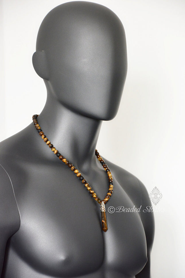 Tigers Eye & Black Onyx Long Beaded Necklace -Point Pendant Necklace – Men’s Necklace - Gemstone Crystal Necklace - Healing Crystal Jewelry – Handmade Jewelry Gifts for Men by Beaded Stories